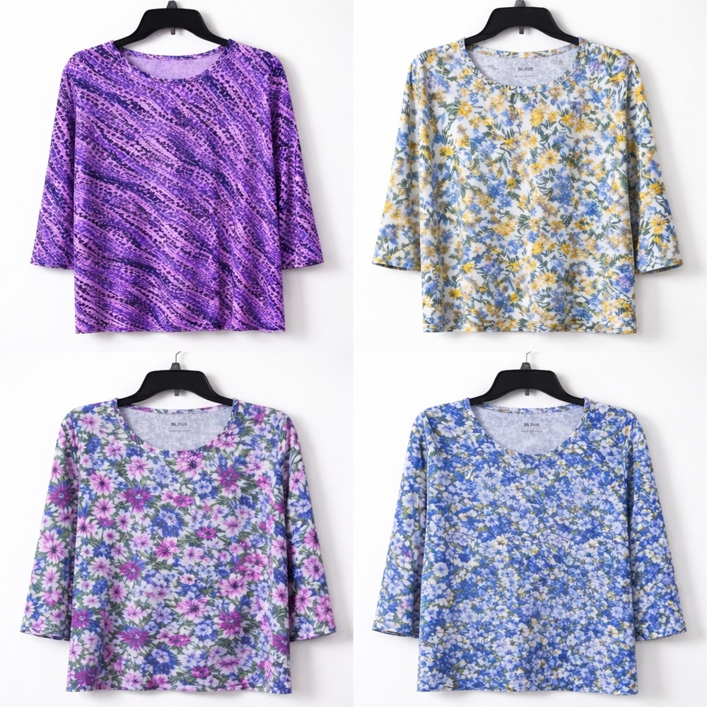 Blair Tops Bundle Women Petite Large Floral Knit 4-Pack Cotton Blend 3/4 Sleeves